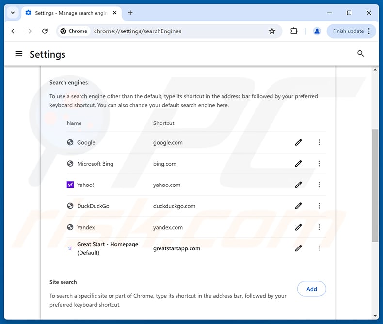 Removing greatstartapp.com from Google Chrome default search engine