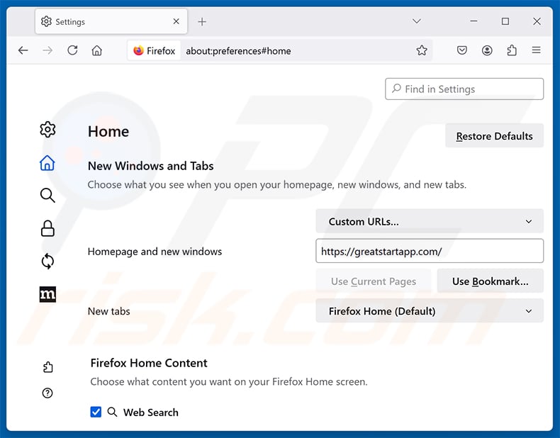 Removing greatstartapp.com from Mozilla Firefox homepage