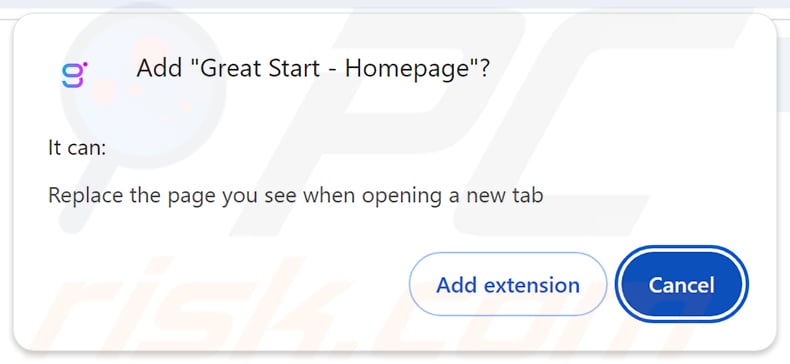 Permissions asked by Great Start - Homepage browser hijacker