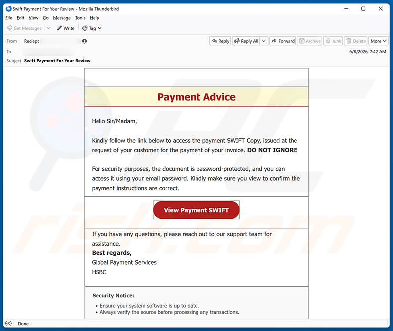 HSBC - Payment Swift Copy email scam (2026-06-09)