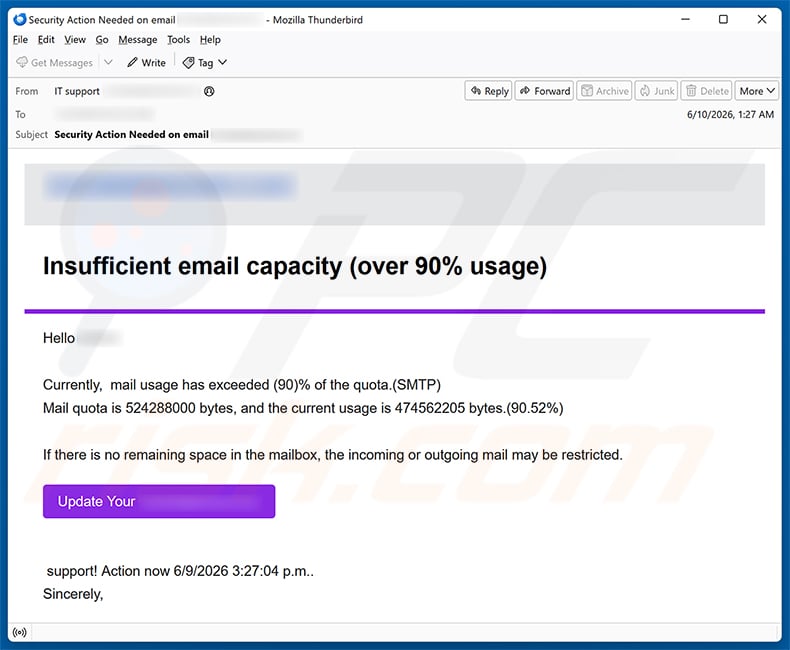 Insufficient Email Capacity email spam campaign