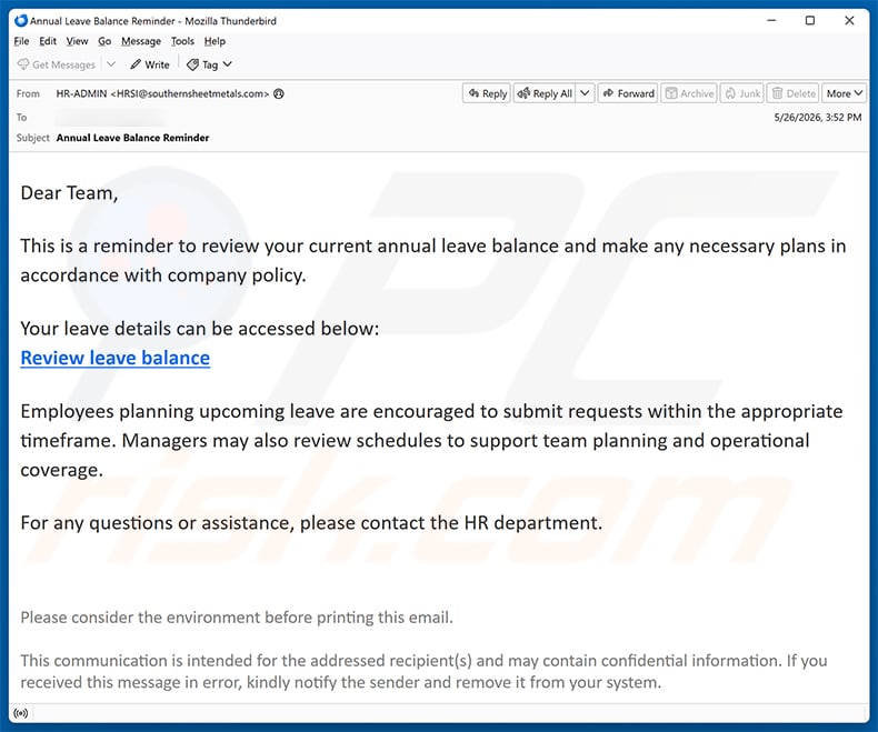 Leave Balance Review email scam (2026-06-01)