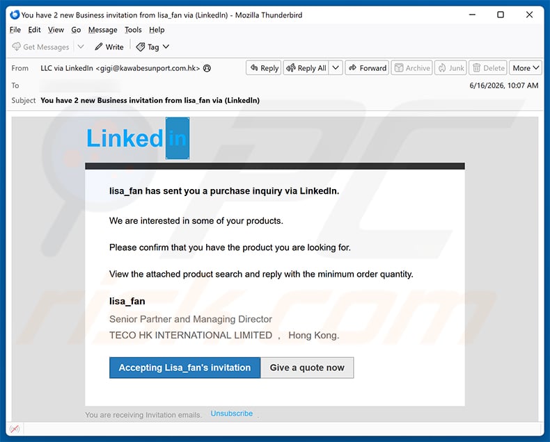 LinkedIn Purchase Inquiry Email Scam email spam campaign