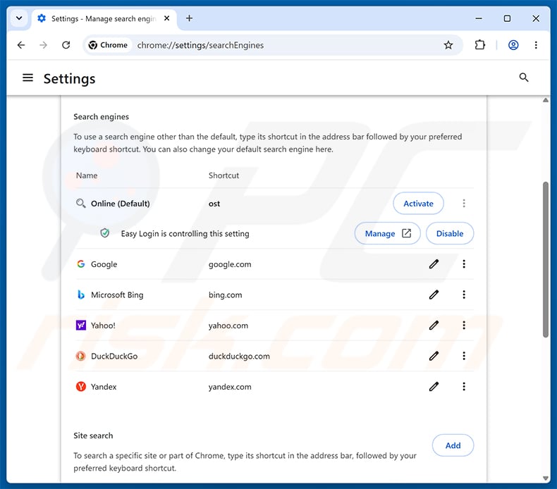 Removing Easy Login (loginonlineapp.com) from Google Chrome default search engine