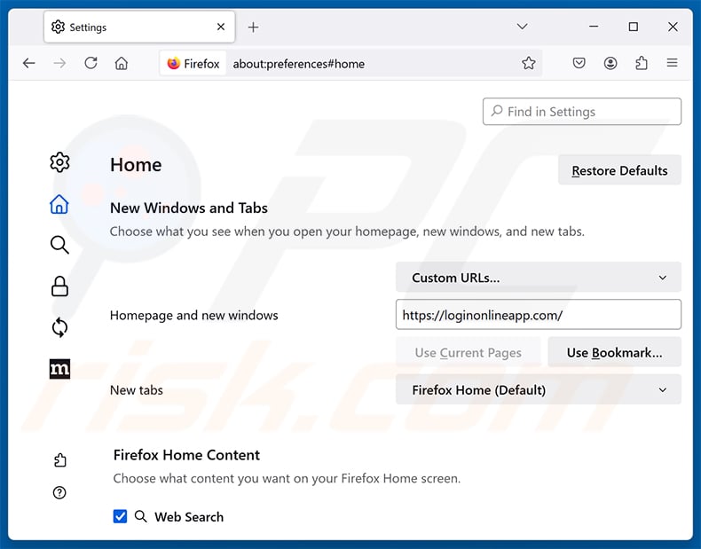 Removing Easy Login (loginonlineapp.com) from Mozilla Firefox homepage