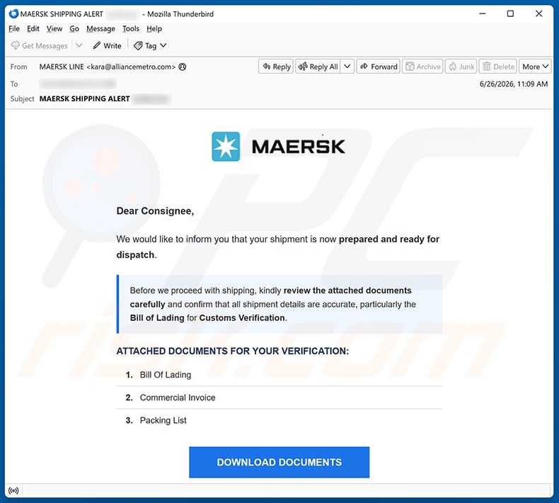 MAERSK Shipment Ready For Dispatch email spam campaign