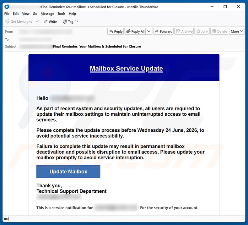Mailbox Service Update email scam (2026-06-25)