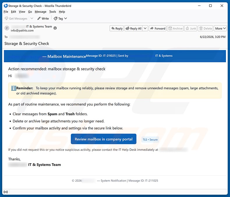 Mailbox Storage & Security Check email spam campaign