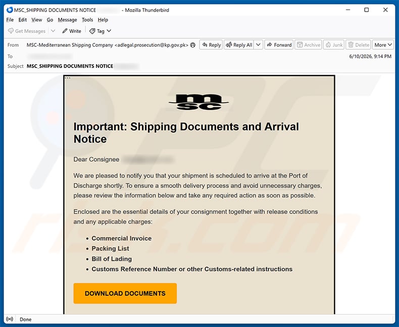 Mediterranean Shipping Company email scam (2026-06-11)