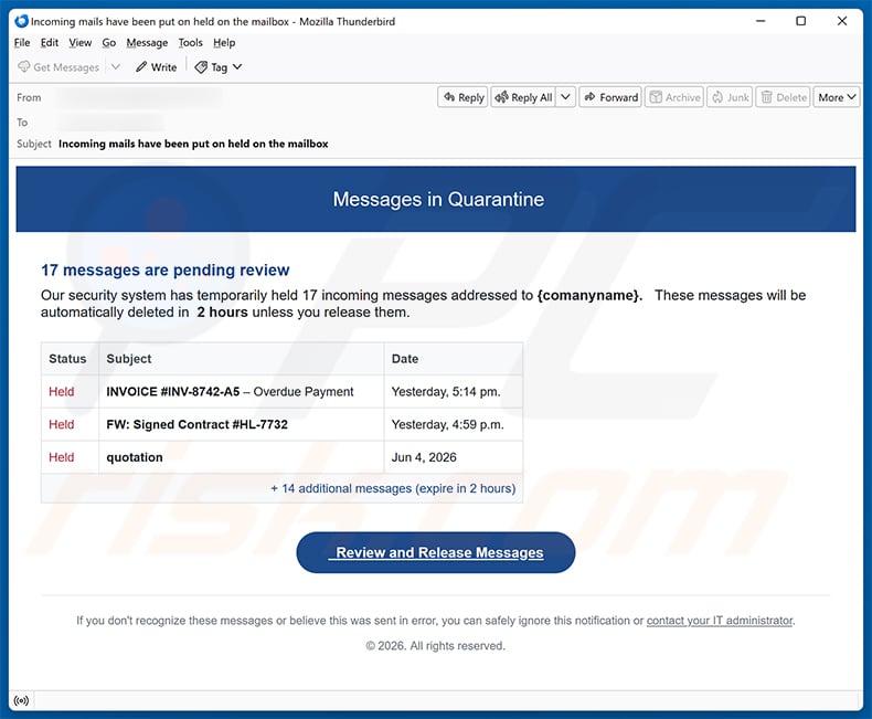 Message Quarantine Notification email scam (2026-06-09)