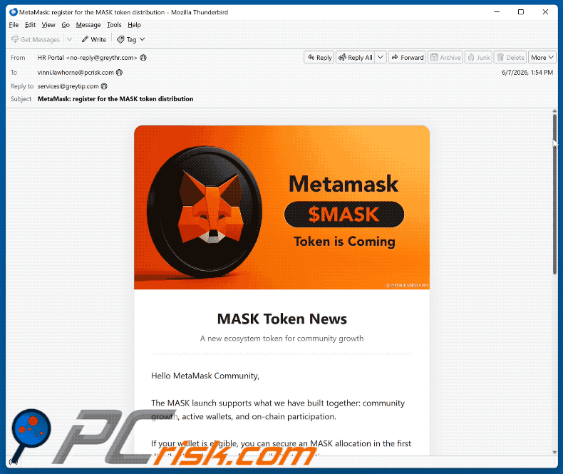 MetaMask ($MASK) Token Allocation scam email (GIF)
