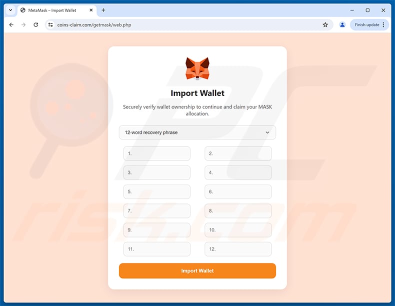 MetaMask ($MASK) Token Allocation phishing page (stage 3 - fake Import Wallet page)