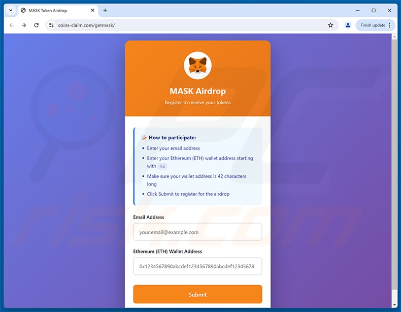 MetaMask ($MASK) Token Allocation phishing page (stage 1 - airdrop registration form)