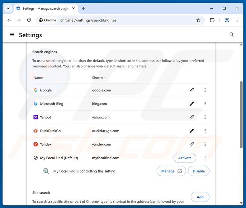 Removing myfocalfind.com from Google Chrome default search engine
