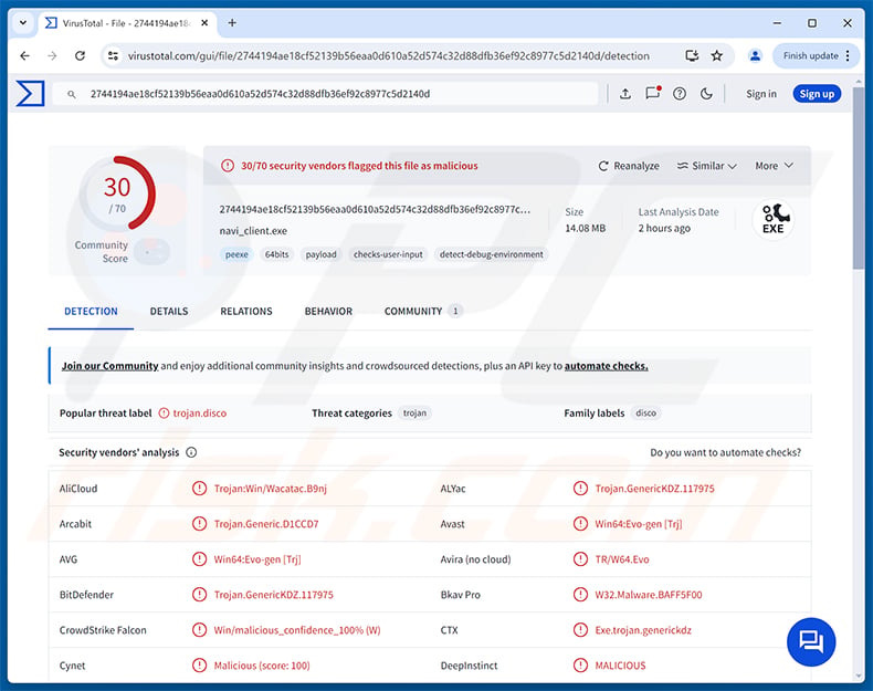 Navi RAT malware detections on VirusTotal