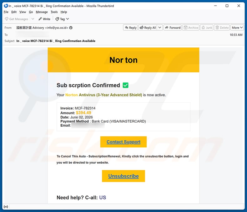 Norton Subscription Has Expired email scam (2026-06-02)