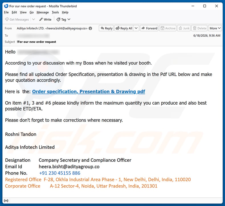 Order Specification, Presentation & Drawing Email Scam email spam campaign
