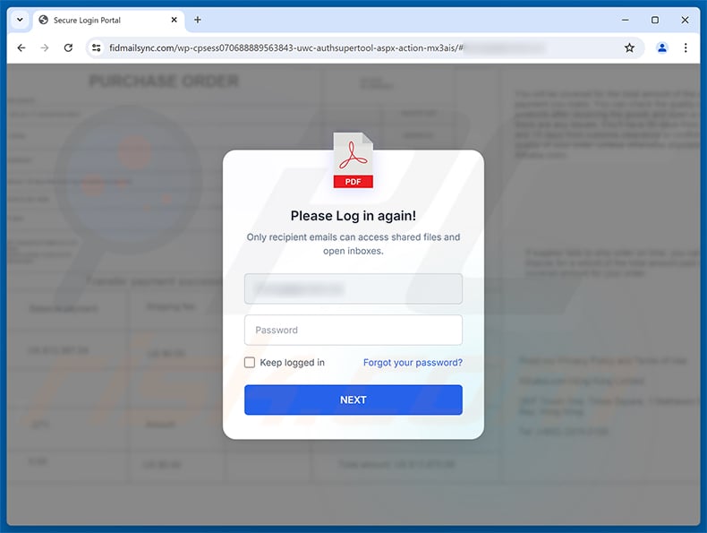 Order Specification, Presentation & Drawing Email Scam phishing page