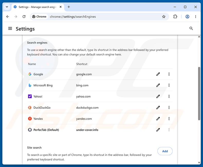 Removing PerfecTab from Google Chrome default search engine