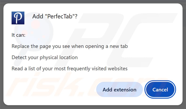 Permissions asked by PerfecTab browser hijacker