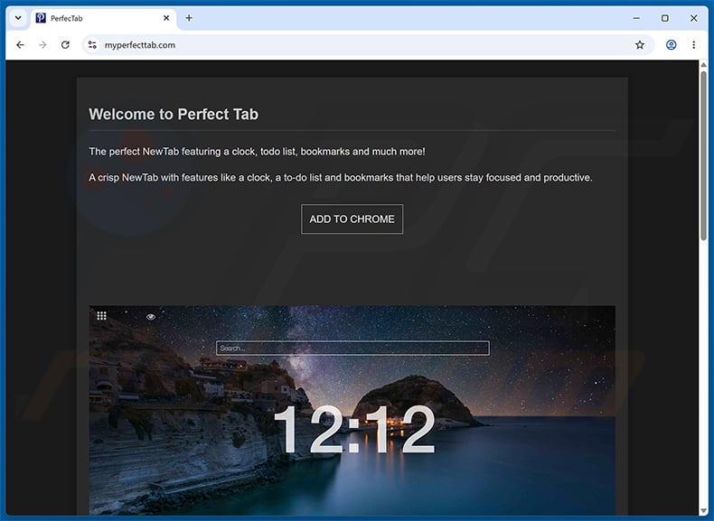 PerfecTab browser hijacker's official promotional website