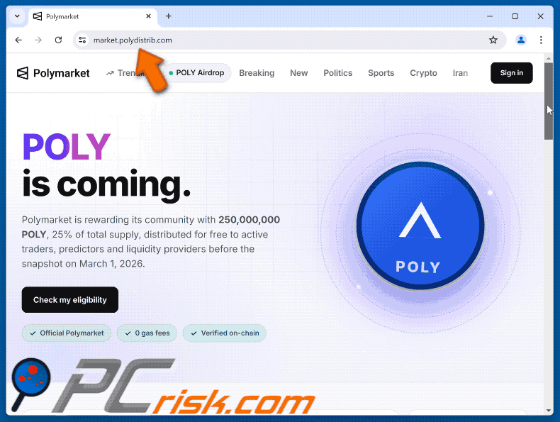Appearance of Polymarket Community Rewards Scam scam (GIF)