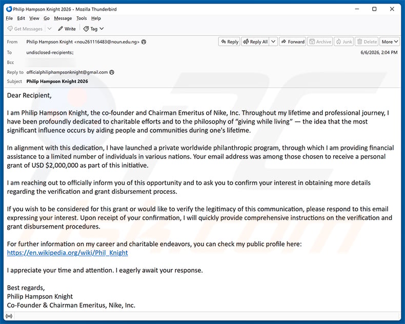 Private Worldwide Philanthropic Program email spam campaign