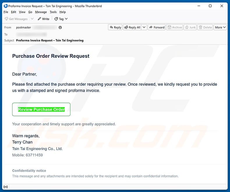 Purchase Order Review Request email spam campaign