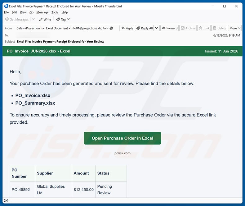 Purchase Order Review Request email scam (2026-06-17)