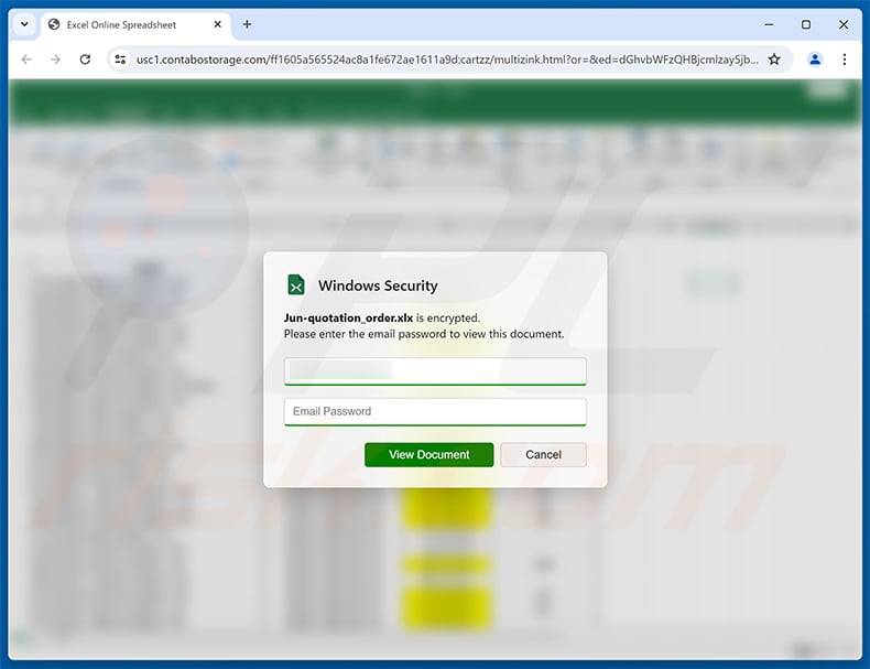 Phishing site promoted via Purchase Order Review Request scam email