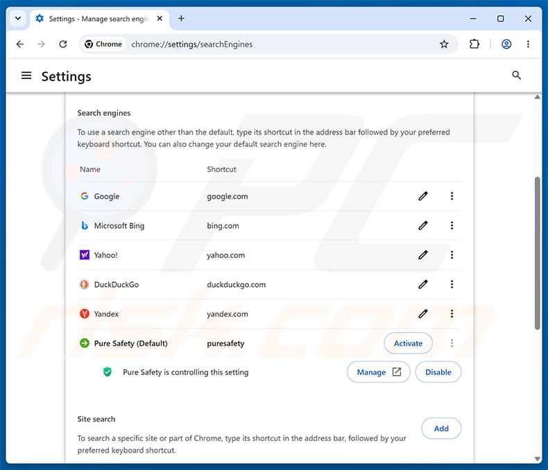 Removing Pure Safety (pureextension.net) from Google Chrome default search engine