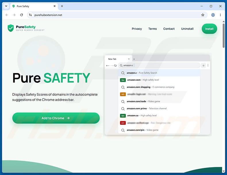 Pure Safety (pureextension.net) browser hijacker official promotional website (sample 1)