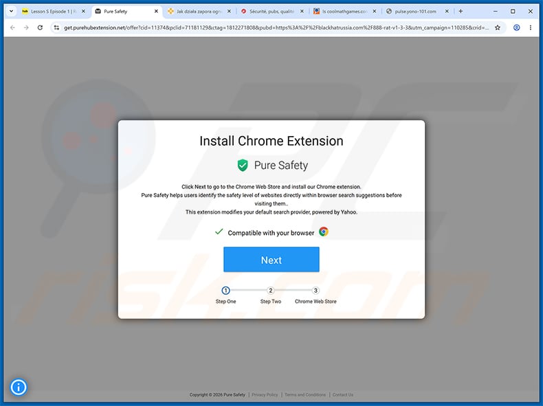 Pure Safety (pureextension.net) browser hijacker official promotional website (sample 2)