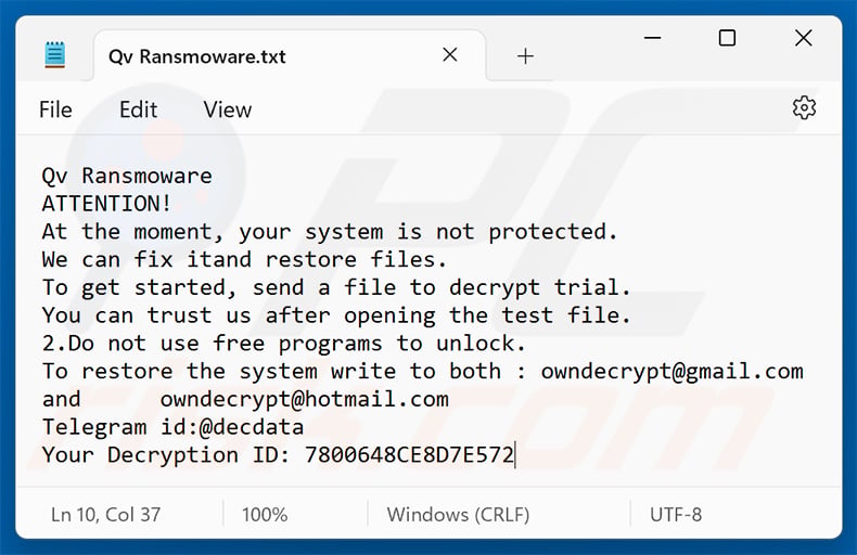 Qv ransomware ransom note (Qv Ransomware.txt)