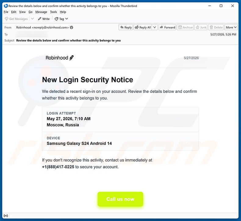 Robinhood Unrecognized Sign-In email scam (2026-06-01)