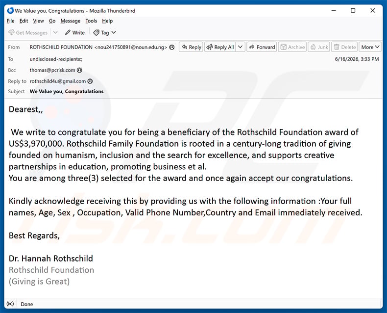 Rothschild Foundation email scam (2026-06-17)