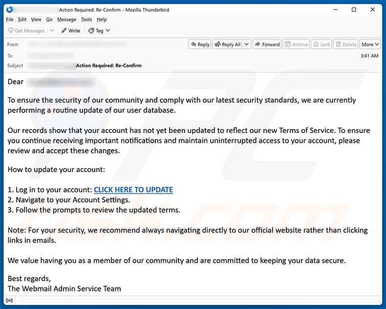 Routine Update Of User Database email spam campaign