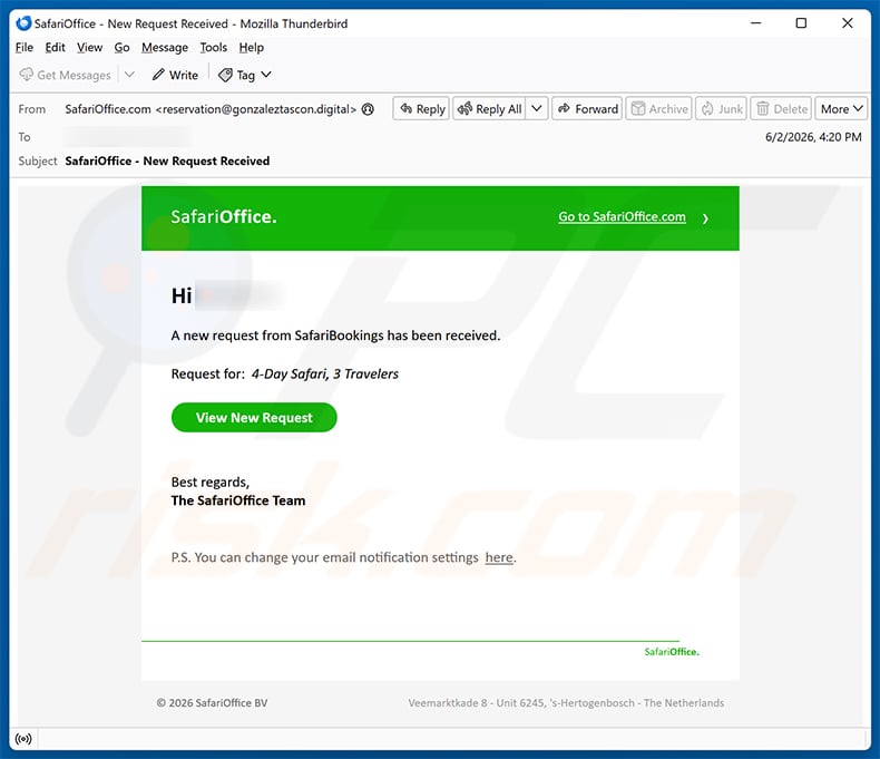 SafariBookings email scam (2026-06-04)