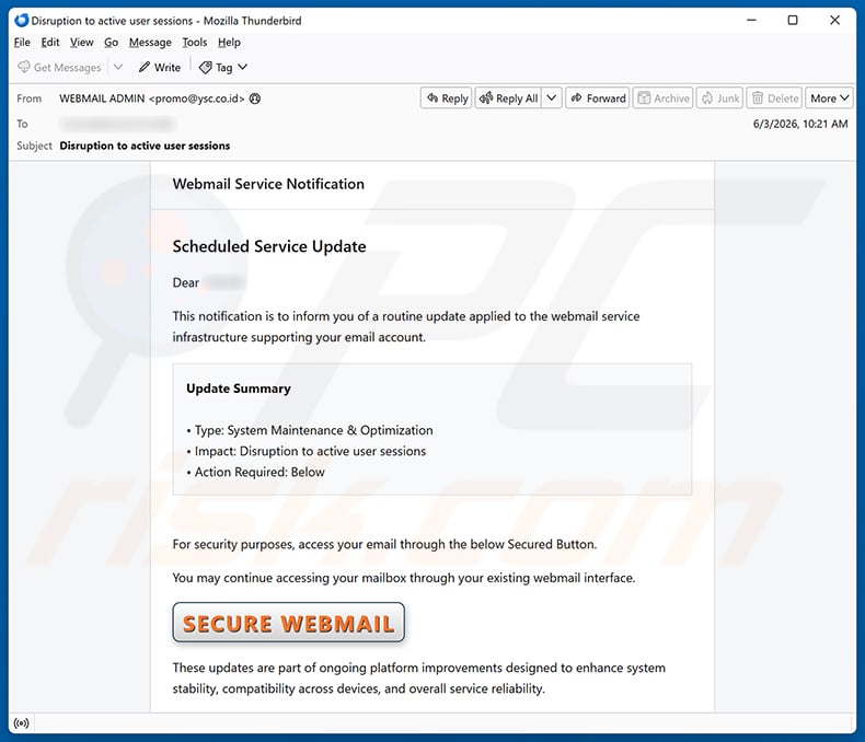 Scheduled Service Update email spam campaign