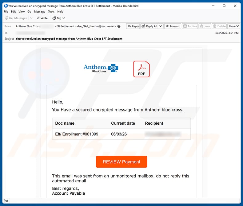 Secured Encrypted Message From Anthem Blue Cross email spam campaign