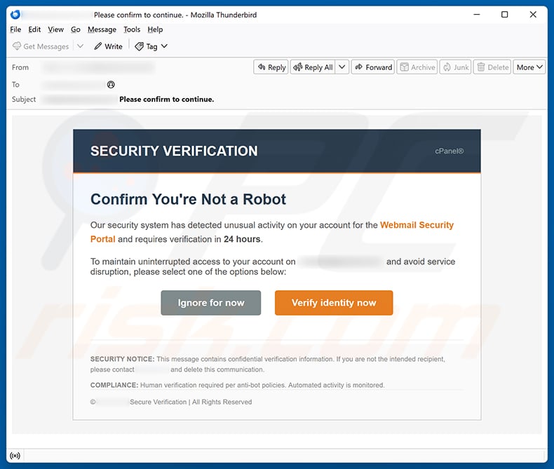 Security Verification - Confirm You're Not A Robot email spam campaign