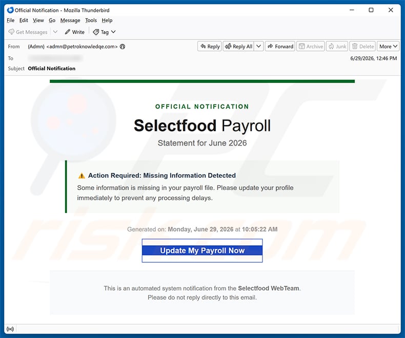 Selectfood Payroll email spam campaign