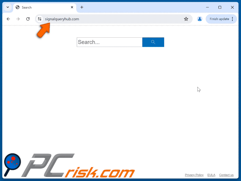 signalqueryhub.com browser hijacker redirecting to Bing via tracksearching[.]com (GIF)