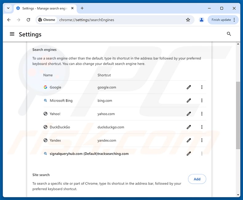 Removing signalqueryhub.com from Google Chrome default search engine