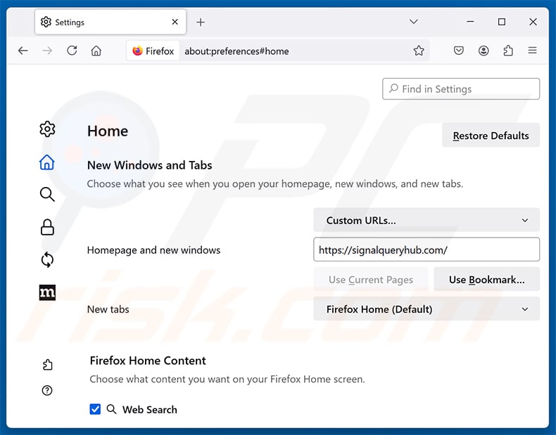 Removing signalqueryhub.com from Mozilla Firefox homepage