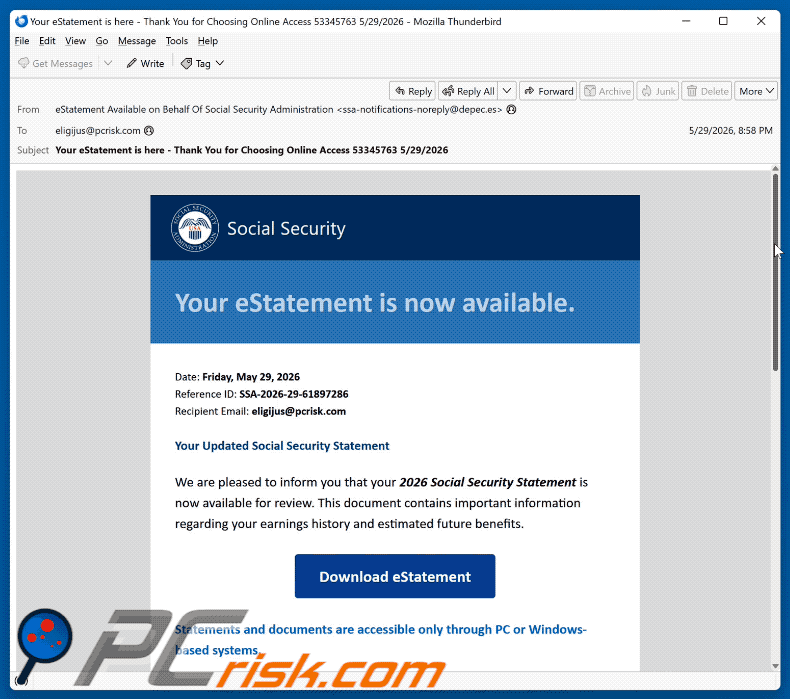 Appearance of Social Security Administration eStatement Is Available spam email (GIF)