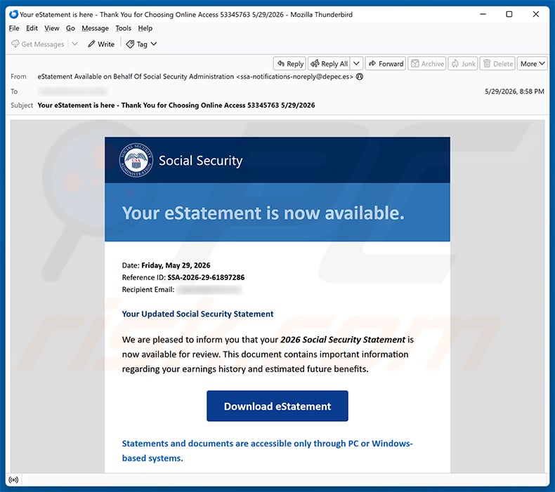 Social Security Administration eStatement Is Available email spam campaign