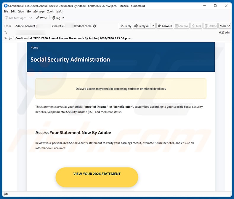 Social Security Administration-themed spam email spreading a trojanized ScreenConnect version (2026-06-11)