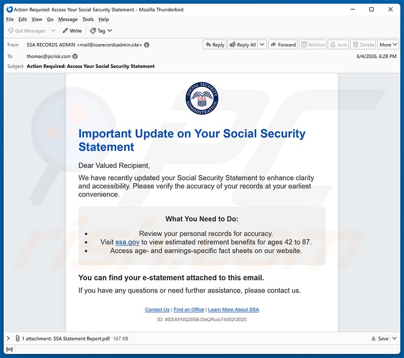 Social Security Statement Update email scam (2026-06-05)