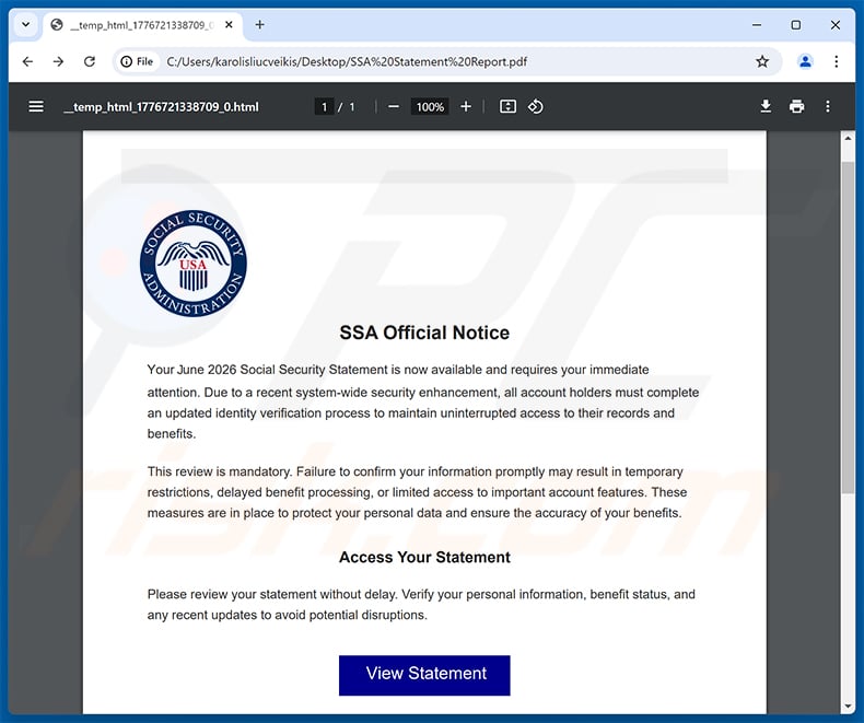 Social Security Statement Update email scam PDF attachment